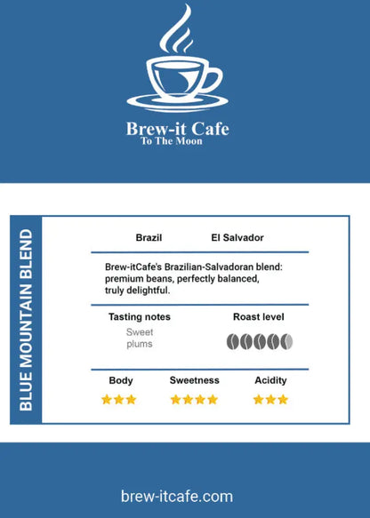Brew-it Cafe Blue Mountain Blend coffee label with branding and rating details.